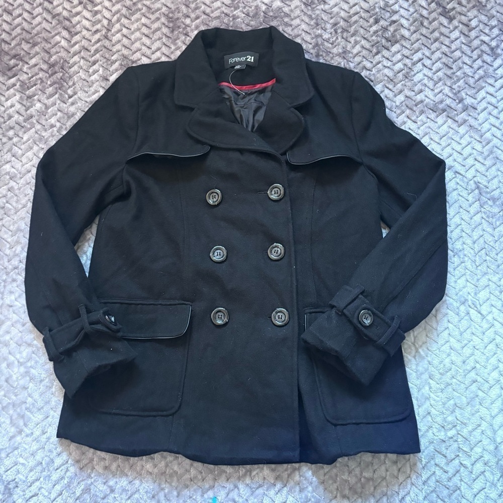 Forever 21 Wool Blend Double-Breasted Black Peacoat size Large